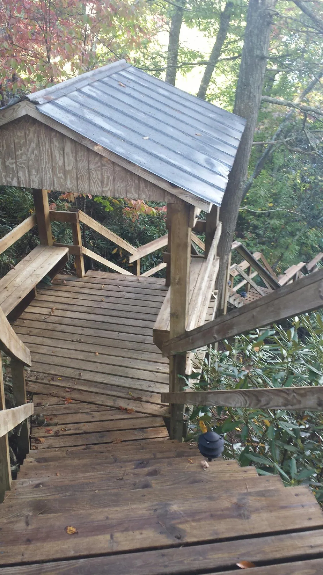 Metal roofed shelter over wooden steps on a wooded walkway — Skylight Repair & Installation work by our crew in Hobe Sound